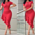 Large Size Drawstring O-neck Ruffles Red Irregular African Women Dress